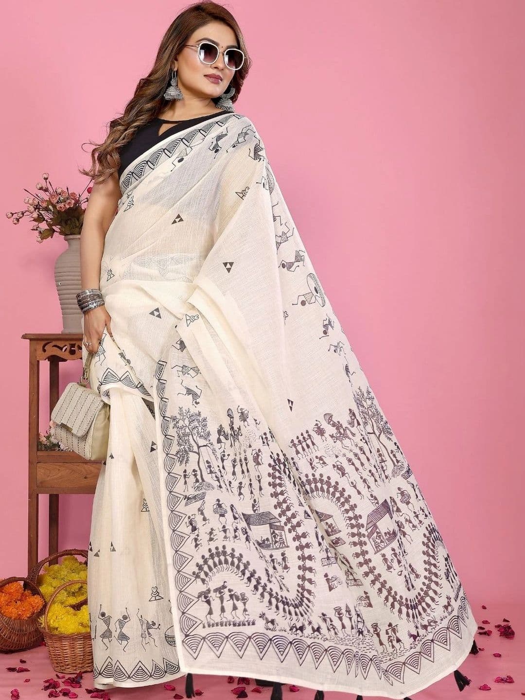 Mitera Warli Linen Blend Designer Saree thumbnail 7