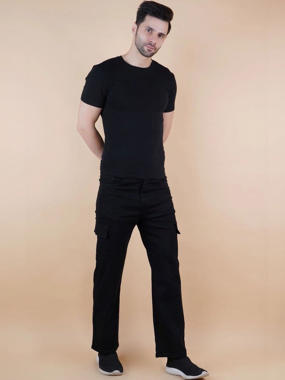HERE&NOW Men's Jet Black Mid-Rise Cargo Style Straight Leg Jeans thumbnail 4