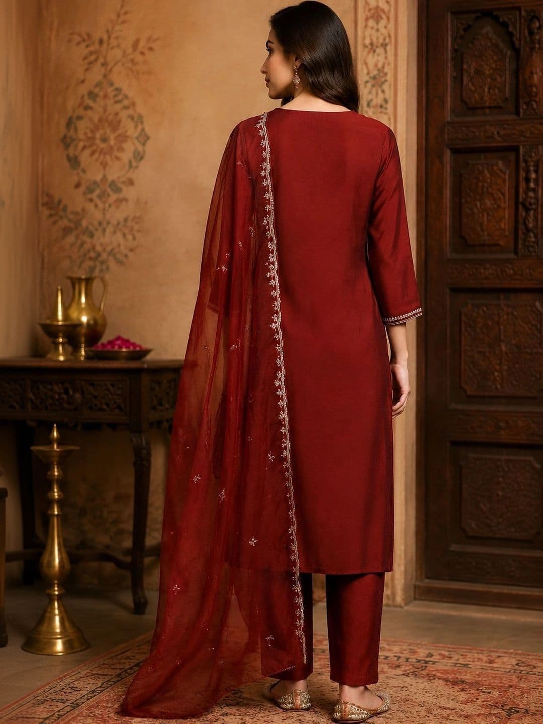 Bunai Women Ethnic Motifs Embroidered Regular Thread Work Kurta with Trousers & With Dupatta thumbnail 3