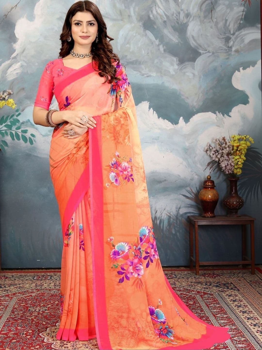 Mitera Floral Pure Georgette Designer Saree - view 1