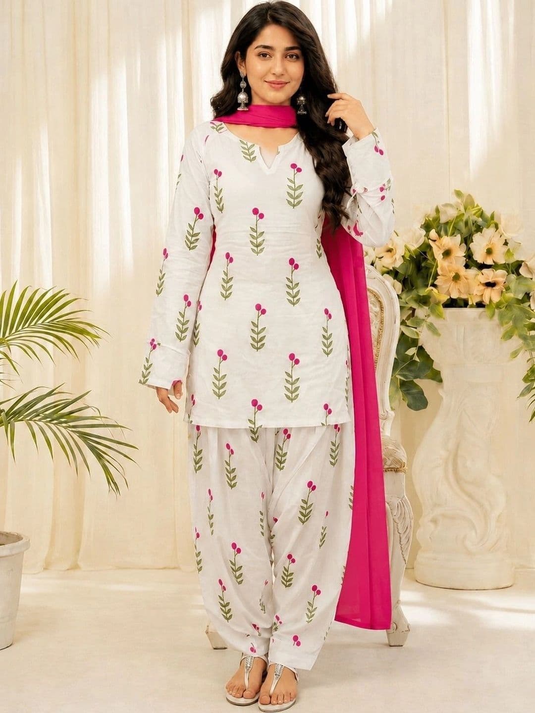 HERE&NOW Women Ethnic Motifs Printed Regular Pure Cotton Kurta with Patiala & With Dupatta - view 1