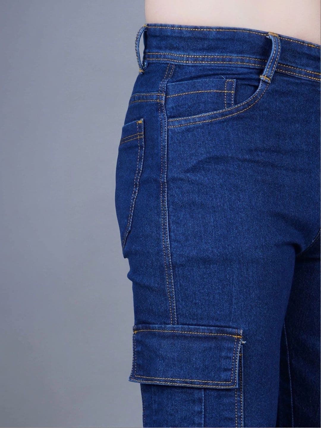 HERE&NOW Men's Dark Blue Mid-Rise Straight Fit Cargo Jeans with Contrast Stitching thumbnail 3