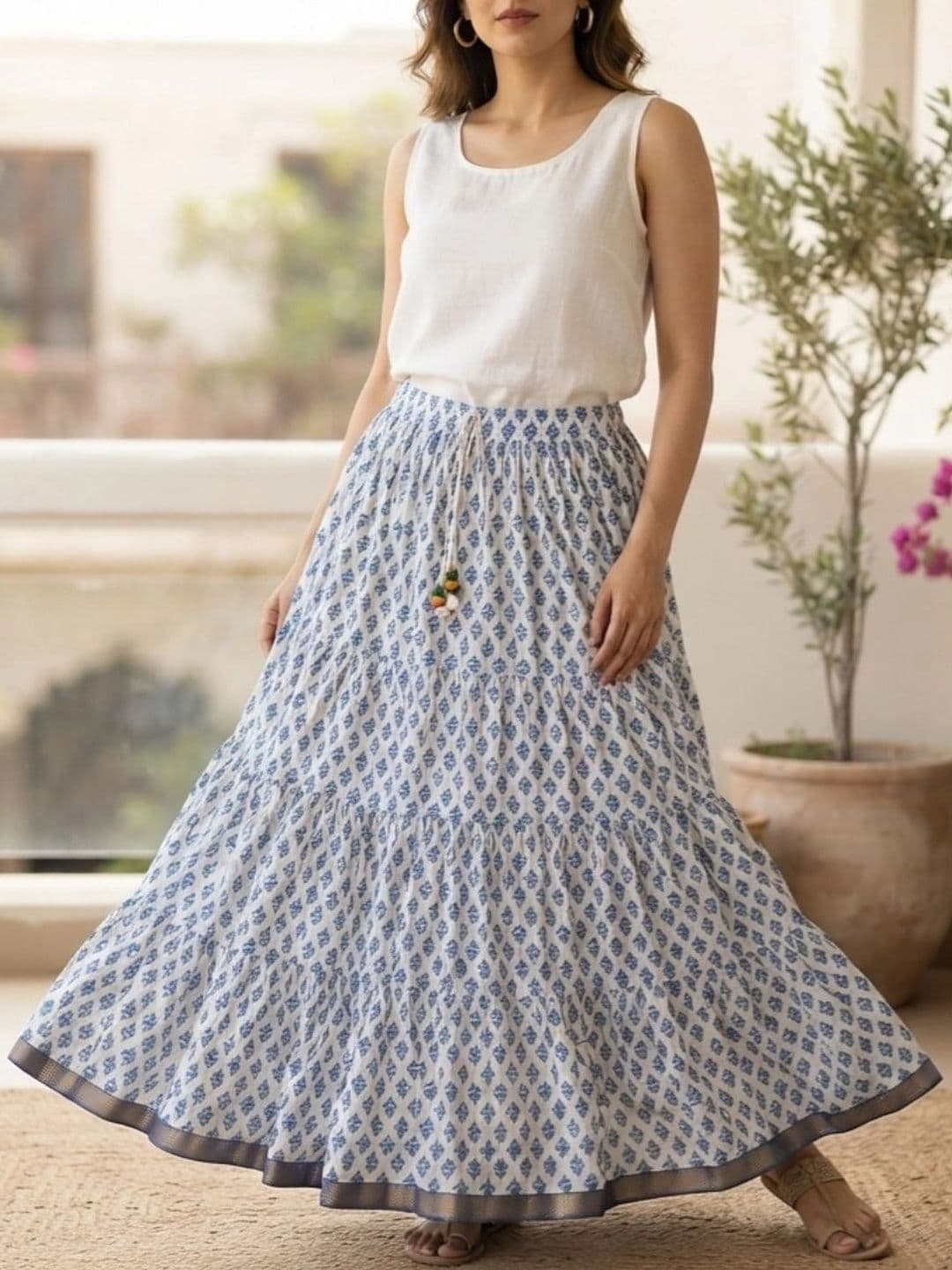 Pallakriti Fabrics Women Pure Cotton Blend Cotton Cambric Floral Maxi Tiered Skirt - view 1