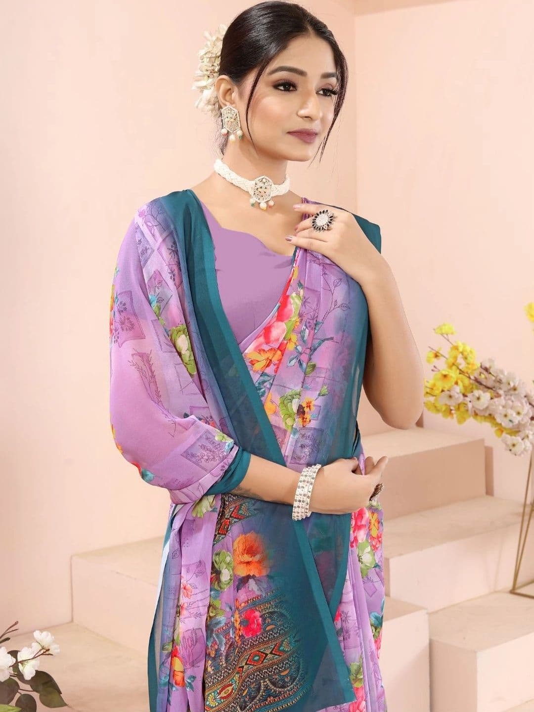 Mitera Floral Pure Georgette Designer Saree thumbnail 3