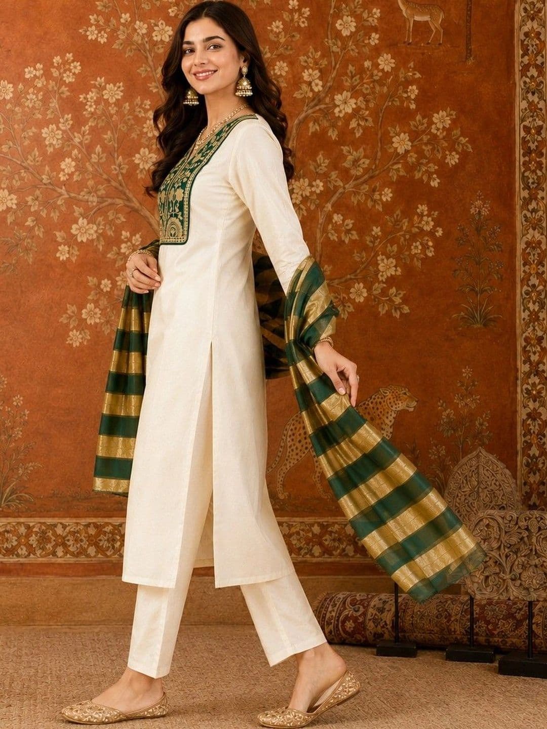 Sangria Women Ethnic Embroidered Regular Thread Work Kurta with Trousers & With Dupatta thumbnail 6