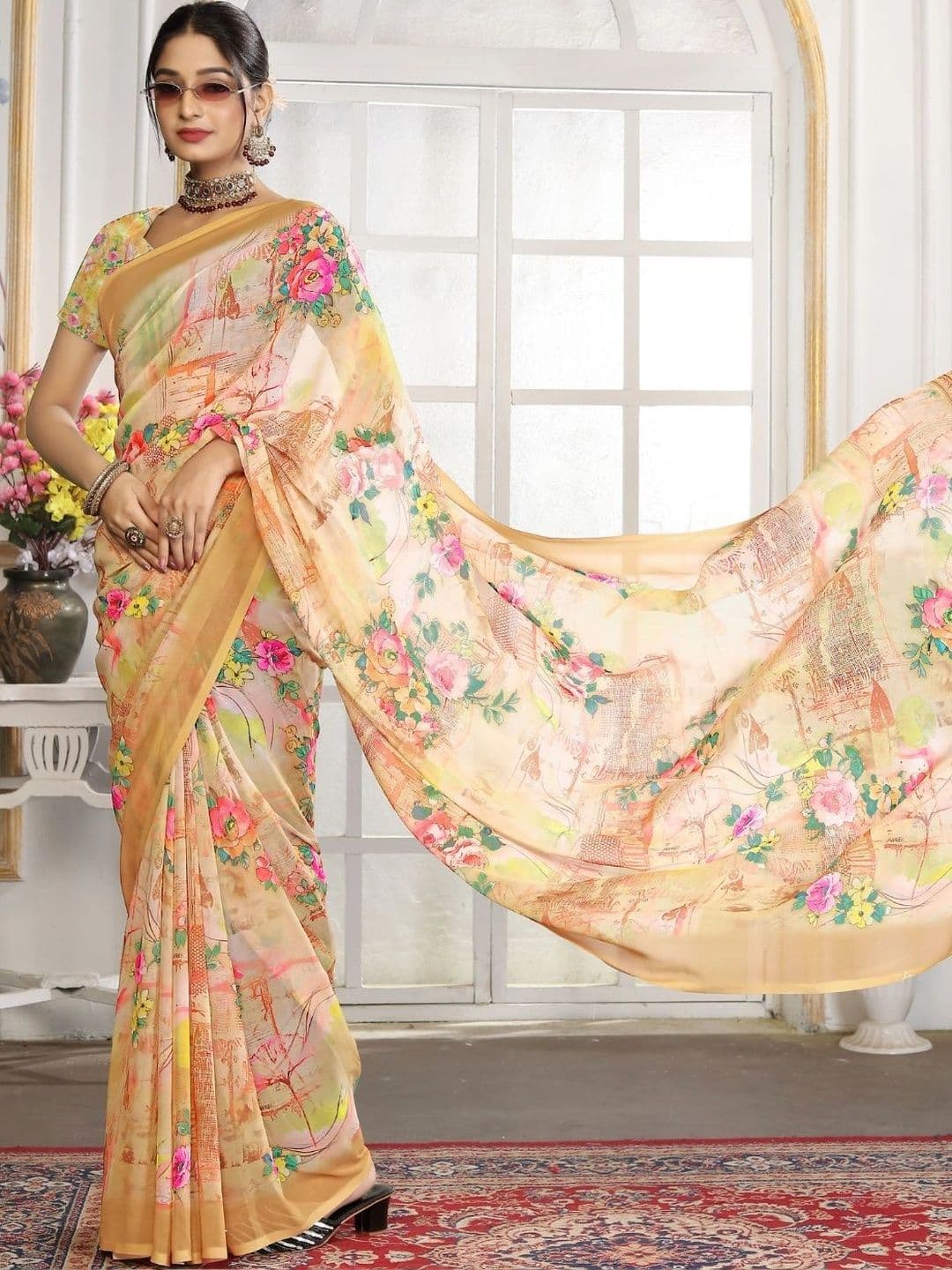 Mitera Floral Pure Georgette Designer Saree thumbnail 4