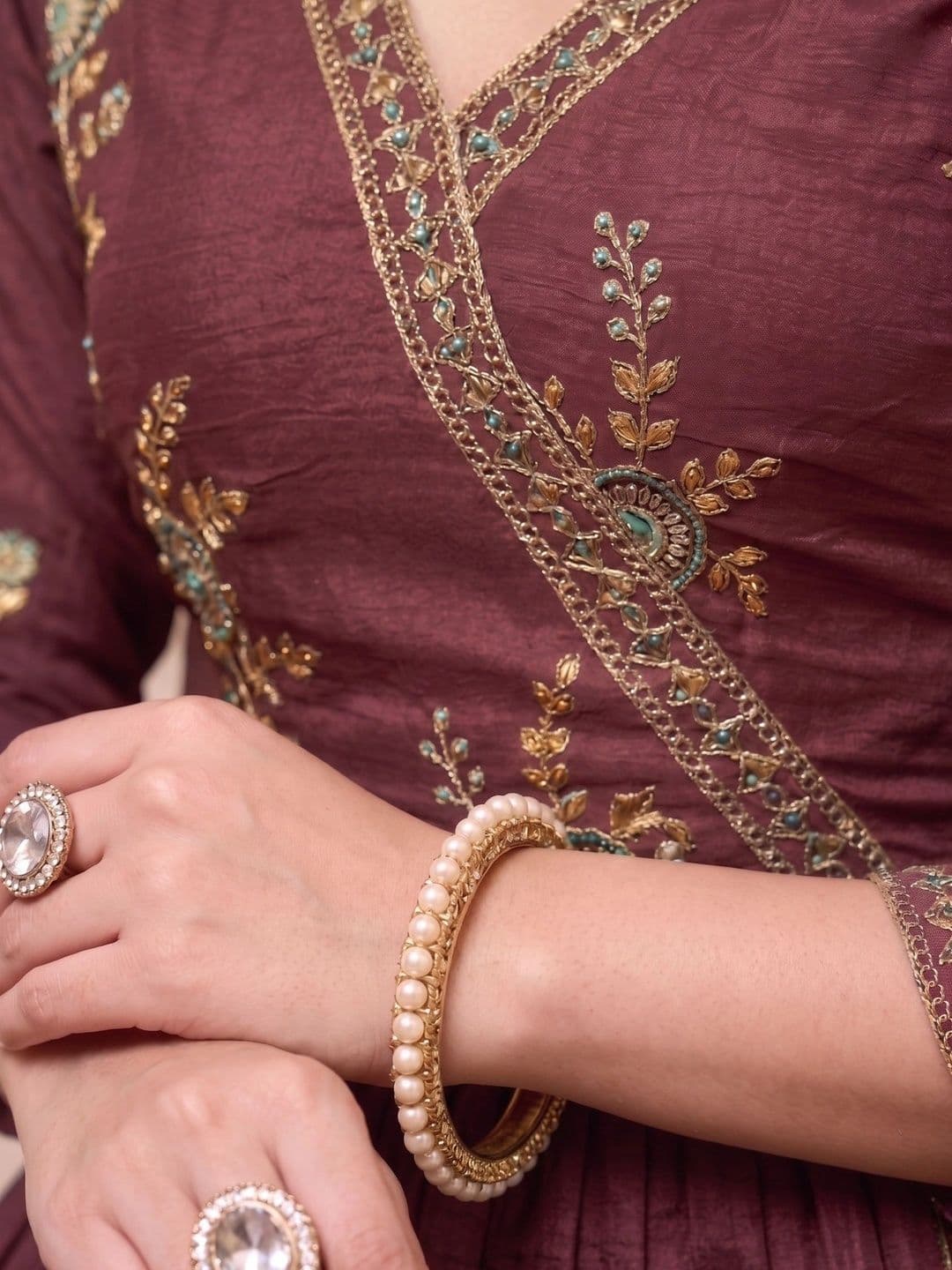 Anouk Women Ethnic Motifs Embroidered Angrakha Gotta Patti Pure Silk Kurta with Trousers & With Dupatta thumbnail 3