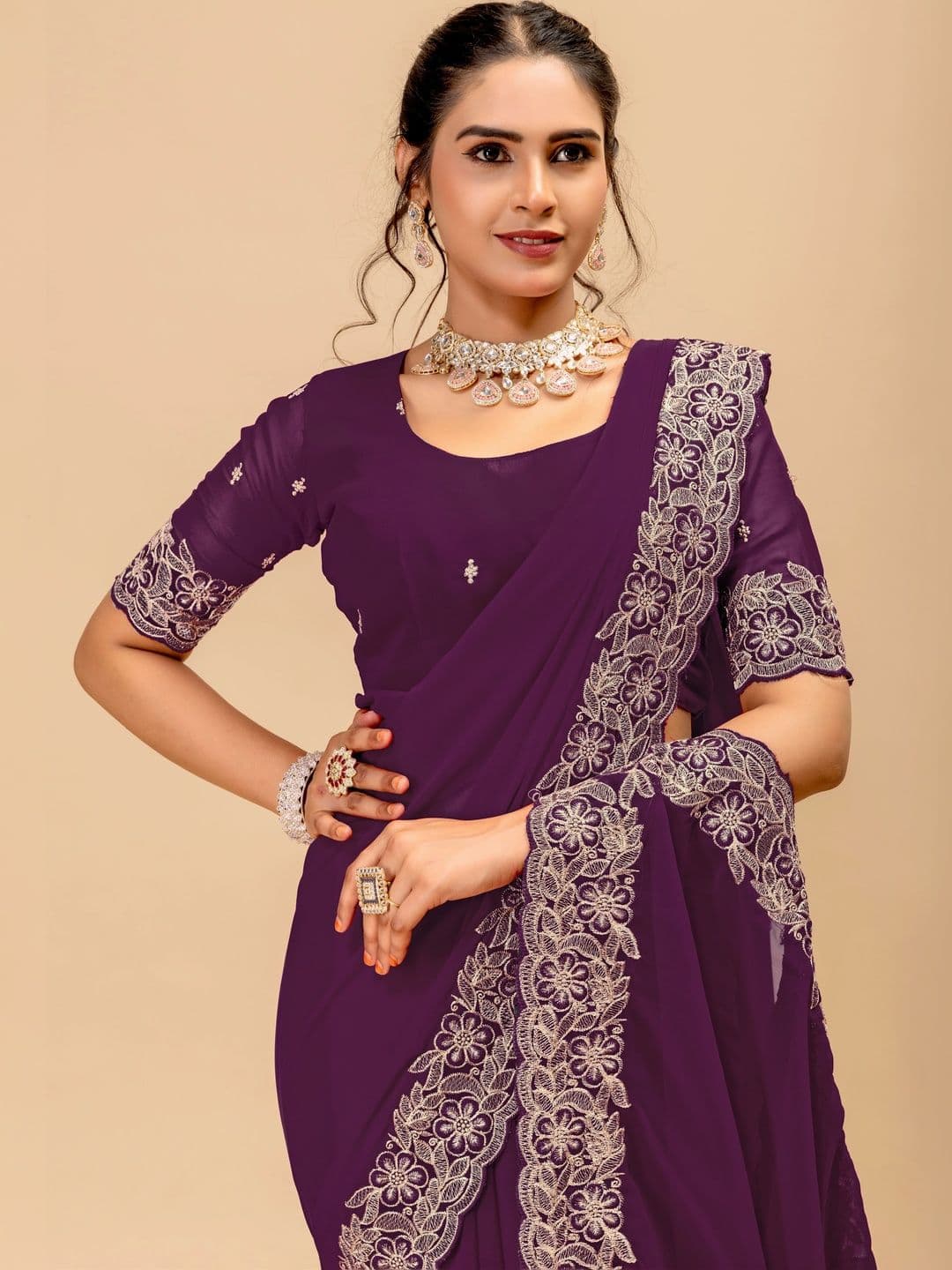 Saanvi Embellished Embroidered Poly Georgette Saree thumbnail 4