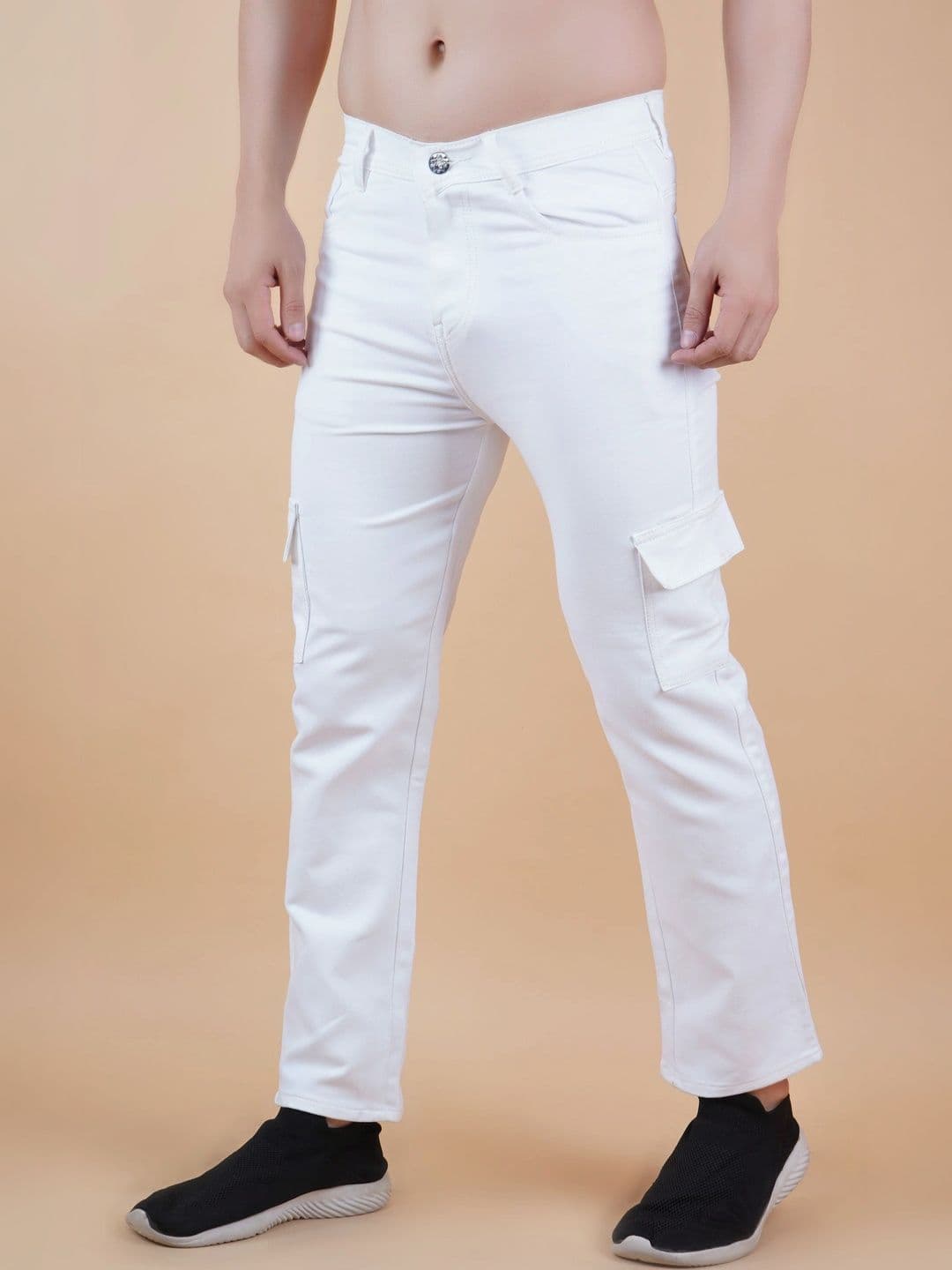 HERE&NOW Men's Clean Look White Mid-Rise Cargo Slim Straight Fit Jeans - view 1