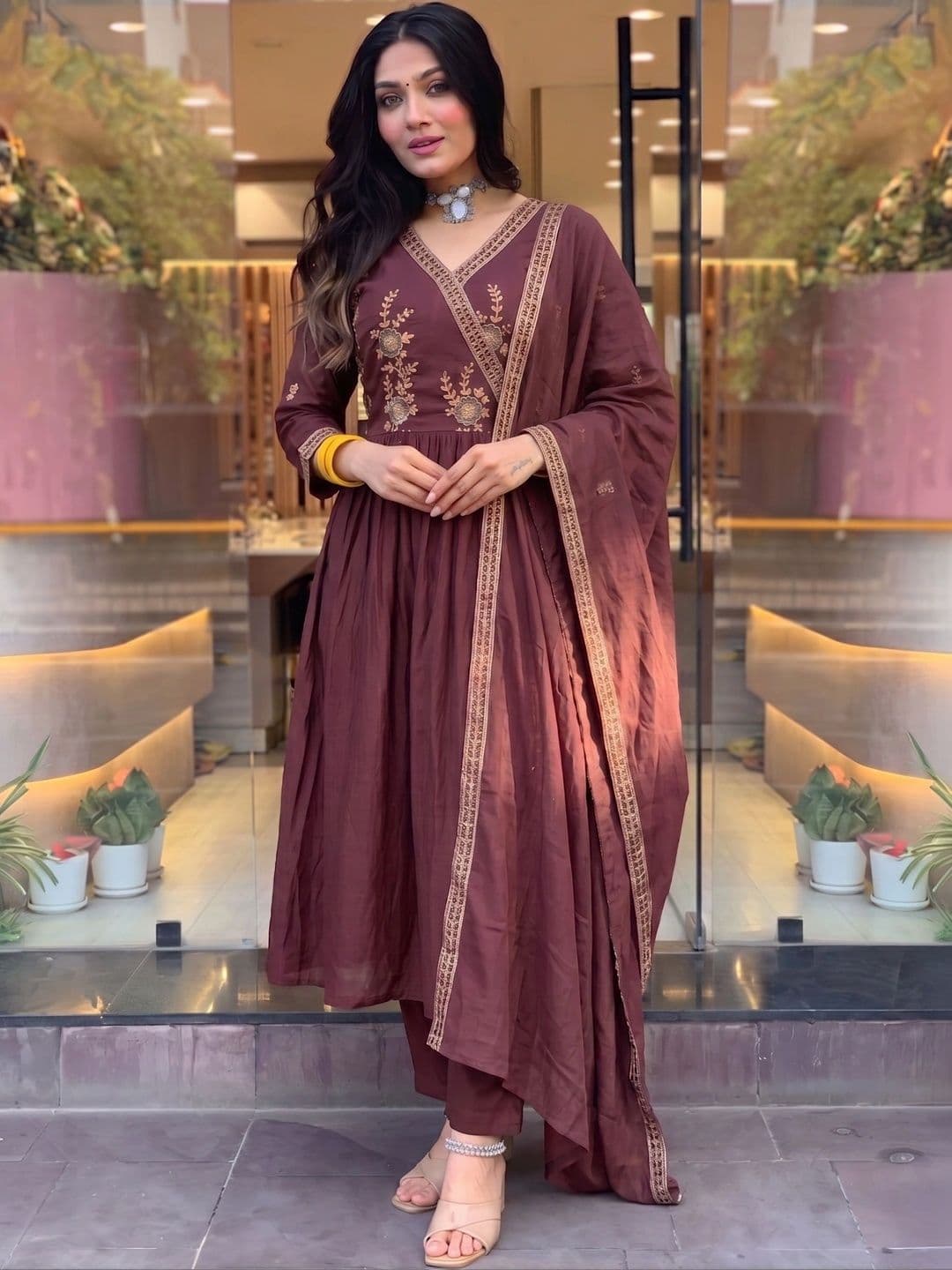 Anouk Women Ethnic Motifs Embroidered Angrakha Gotta Patti Pure Silk Kurta with Trousers & With Dupatta - view 1