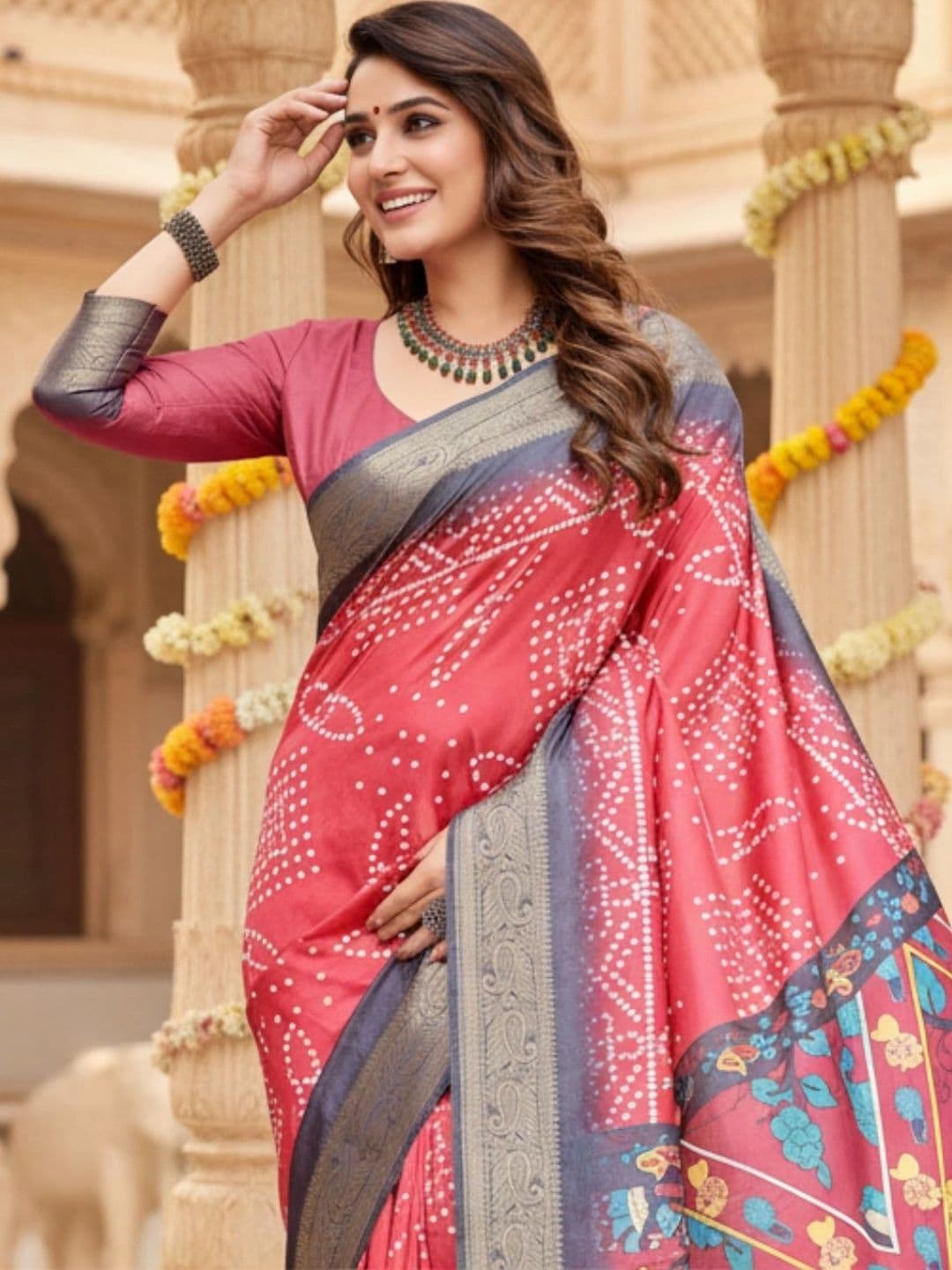Mitera Bandhani Silk Blend Designer Saree thumbnail 4