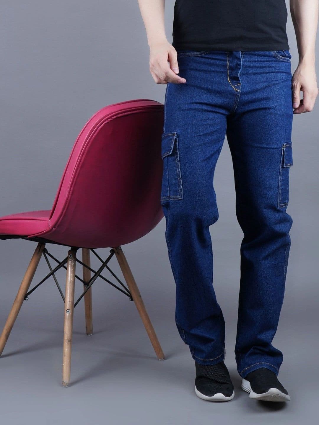 HERE&NOW Men's Dark Blue Mid-Rise Straight Fit Cargo Jeans with Contrast Stitching - view 1