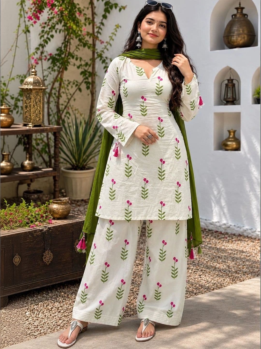Dress21 Women Floral Printed Regular Pure Cotton Kurta with Patiala & With Dupatta - view 1