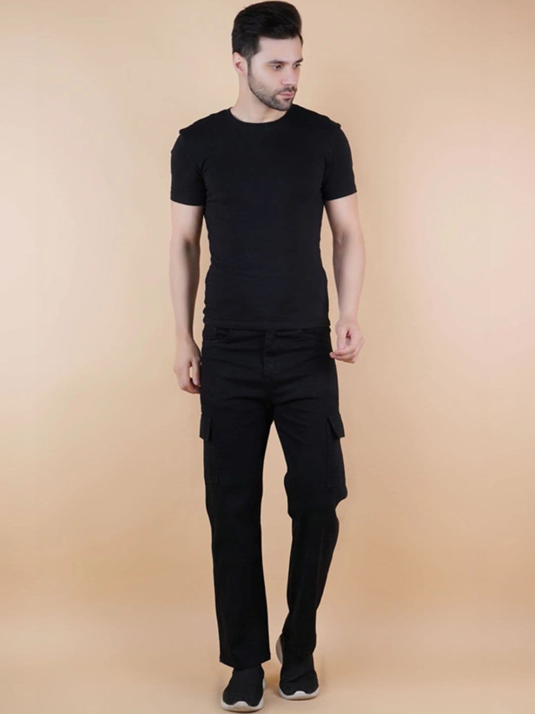 HERE&NOW Men's Jet Black Cargo Mid-Rise Straight Fit Jeans thumbnail 2