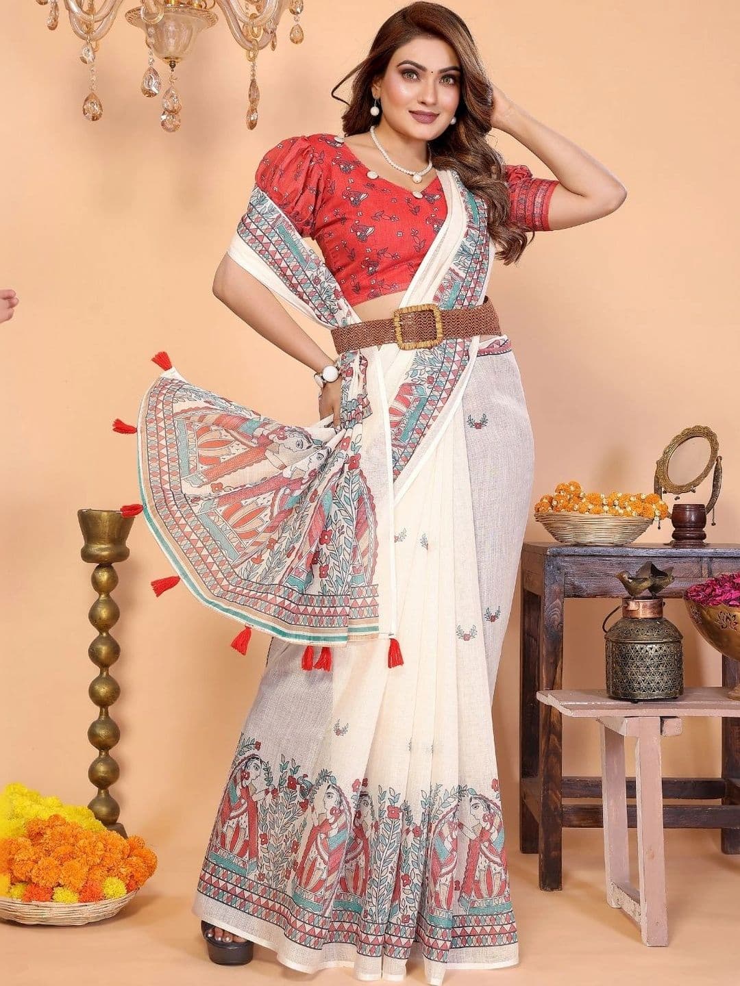 Mitera Kalamkari Linen Blend Designer Saree thumbnail 6
