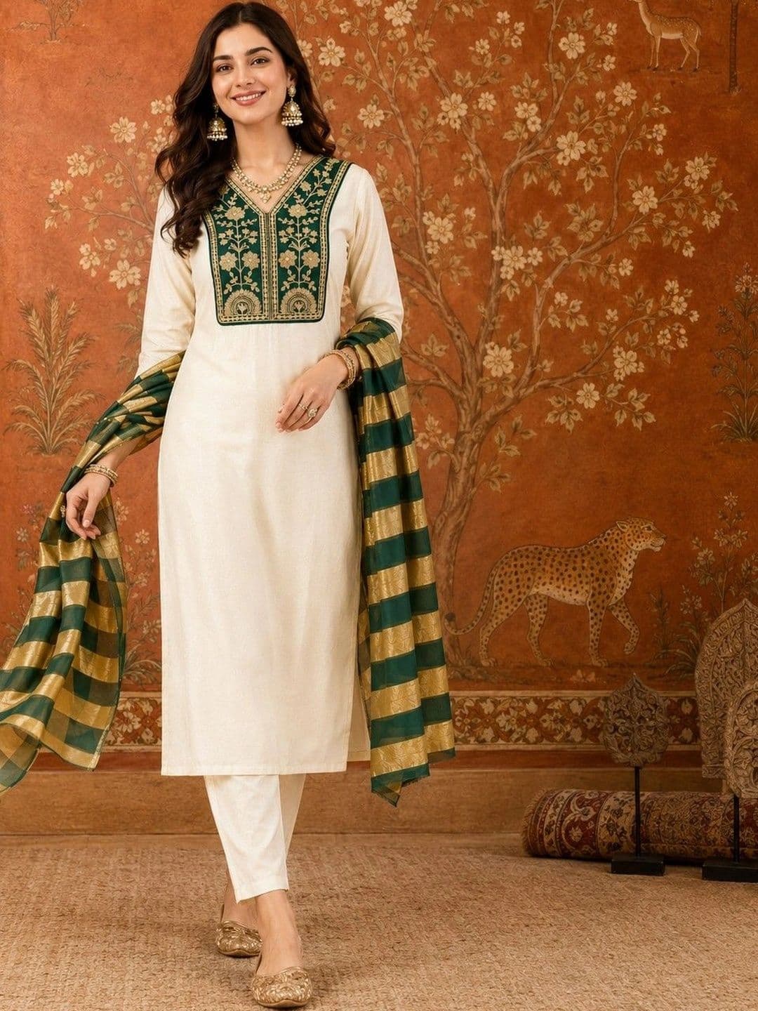 Sangria Women Ethnic Embroidered Regular Thread Work Kurta with Trousers & With Dupatta - view 1