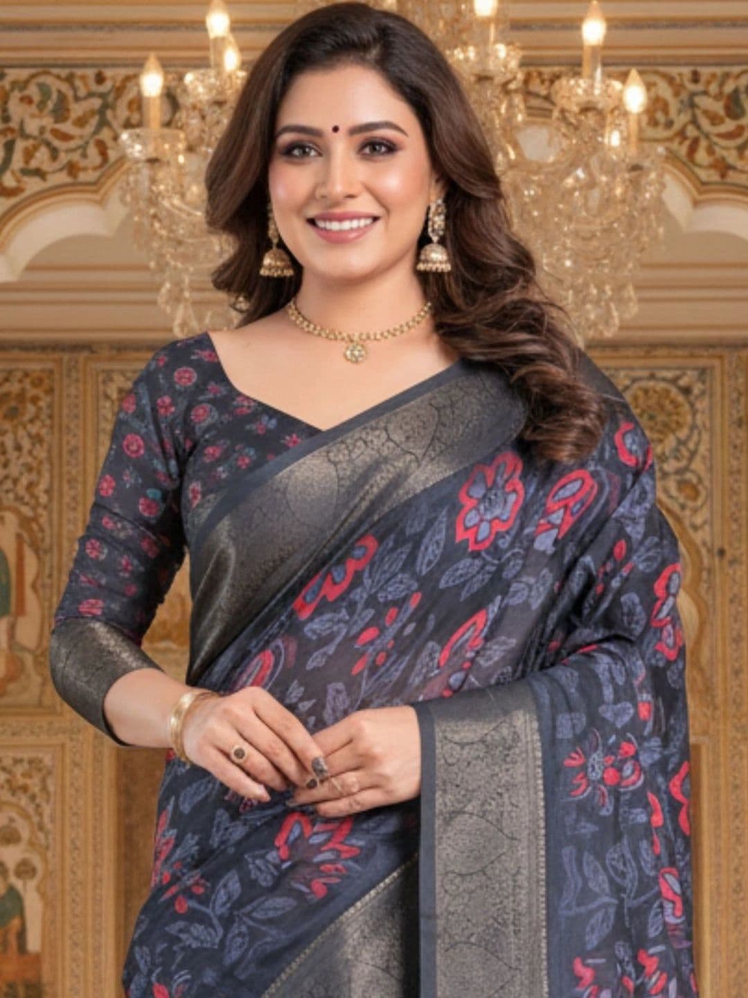 Mitera Floral Silk Blend Designer Saree thumbnail 3