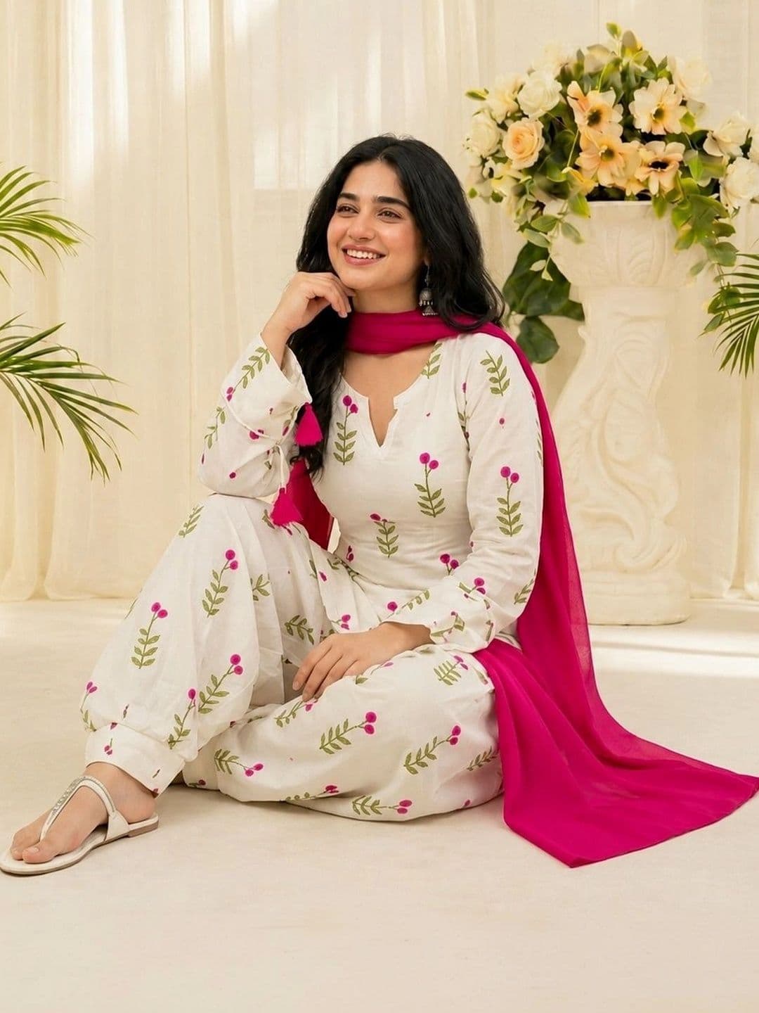 HERE&NOW Women Ethnic Motifs Printed Regular Pure Cotton Kurta with Patiala & With Dupatta thumbnail 4