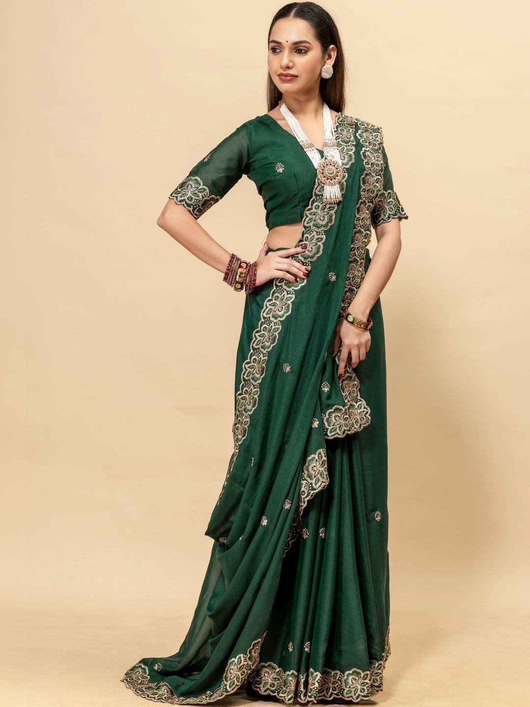 Saanvi Embellished Zari Poly Georgette Saree thumbnail 5