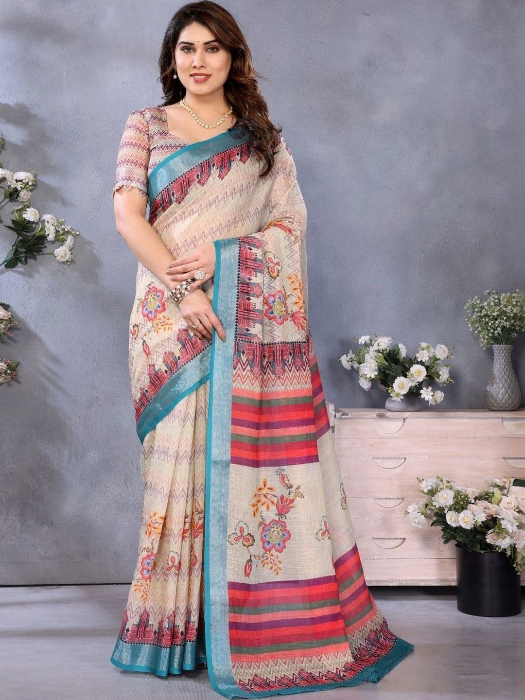 Mitera Floral Linen Blend Designer Saree - view 1
