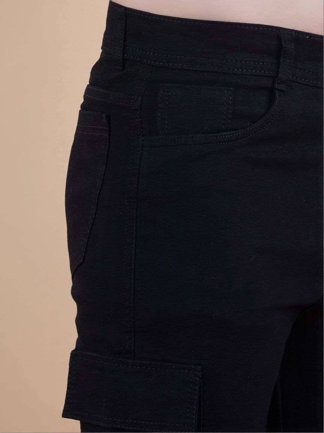 HERE&NOW Men's Jet Black Mid-Rise Straight Fit Cargo Jeans with 6-Pockets thumbnail 2