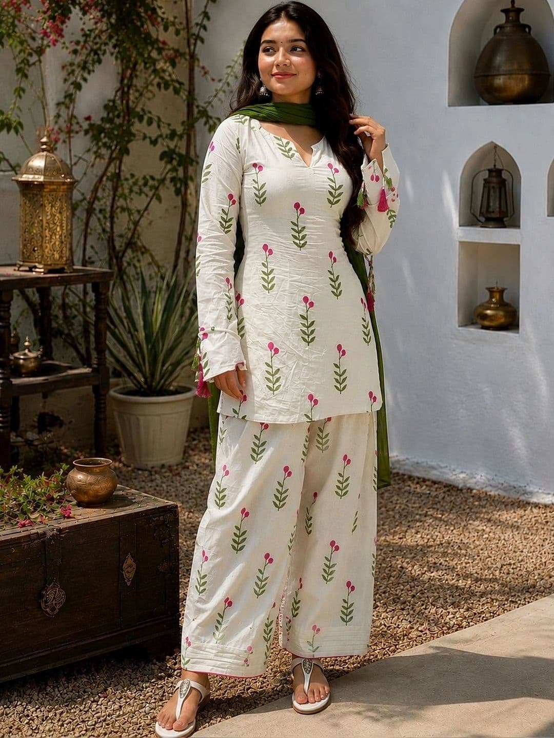 Dress21 Women Floral Printed Regular Pure Cotton Kurta with Patiala & With Dupatta thumbnail 4