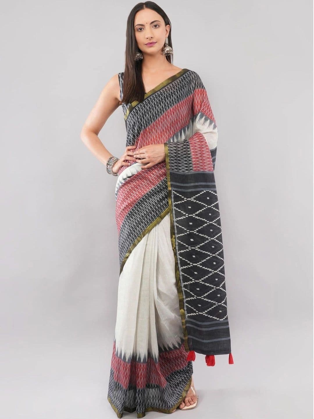 SAMANTHA Ethnic Motifs Zari Linen Blend Belted Ikat Saree - view 1