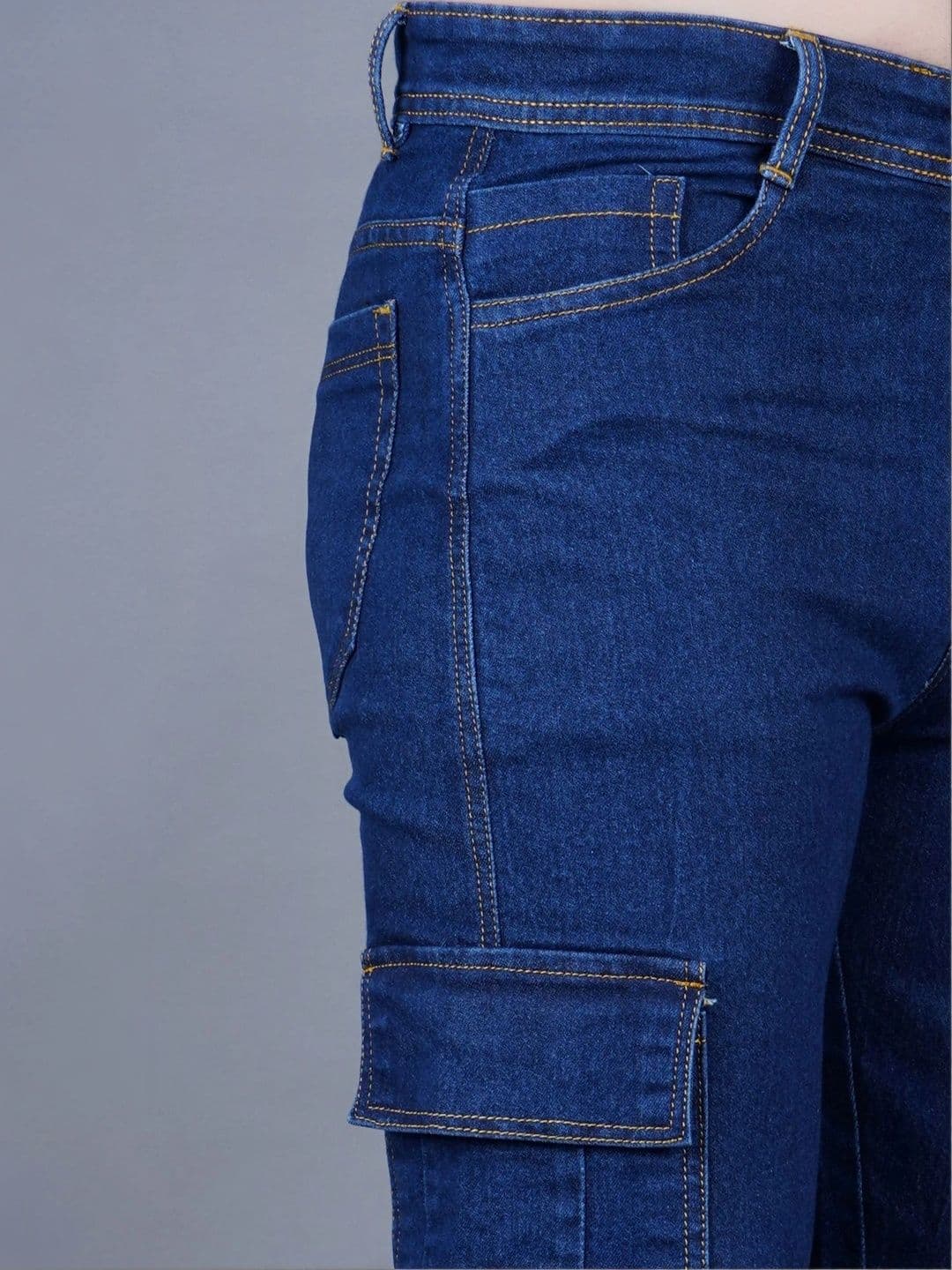 HERE&NOW Men's Dark Wash Cargo Straight Leg Jeans with Contrast Stitching thumbnail 4