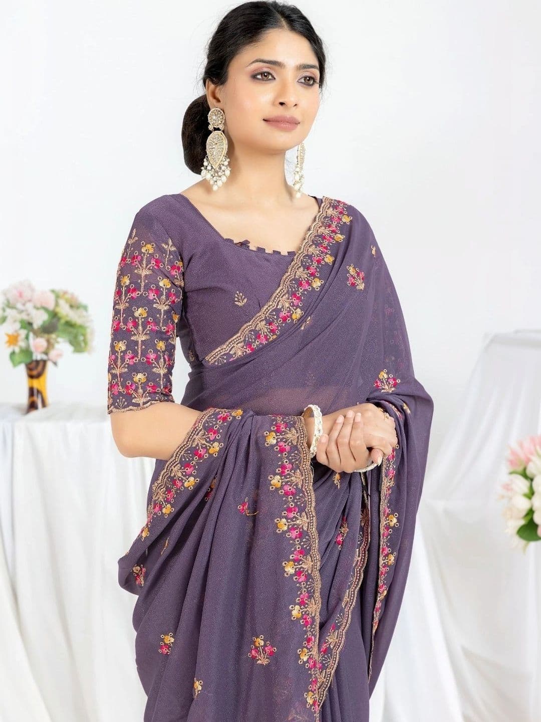 Saanvi Embellished Embroidered Poly Georgette Saree thumbnail 2