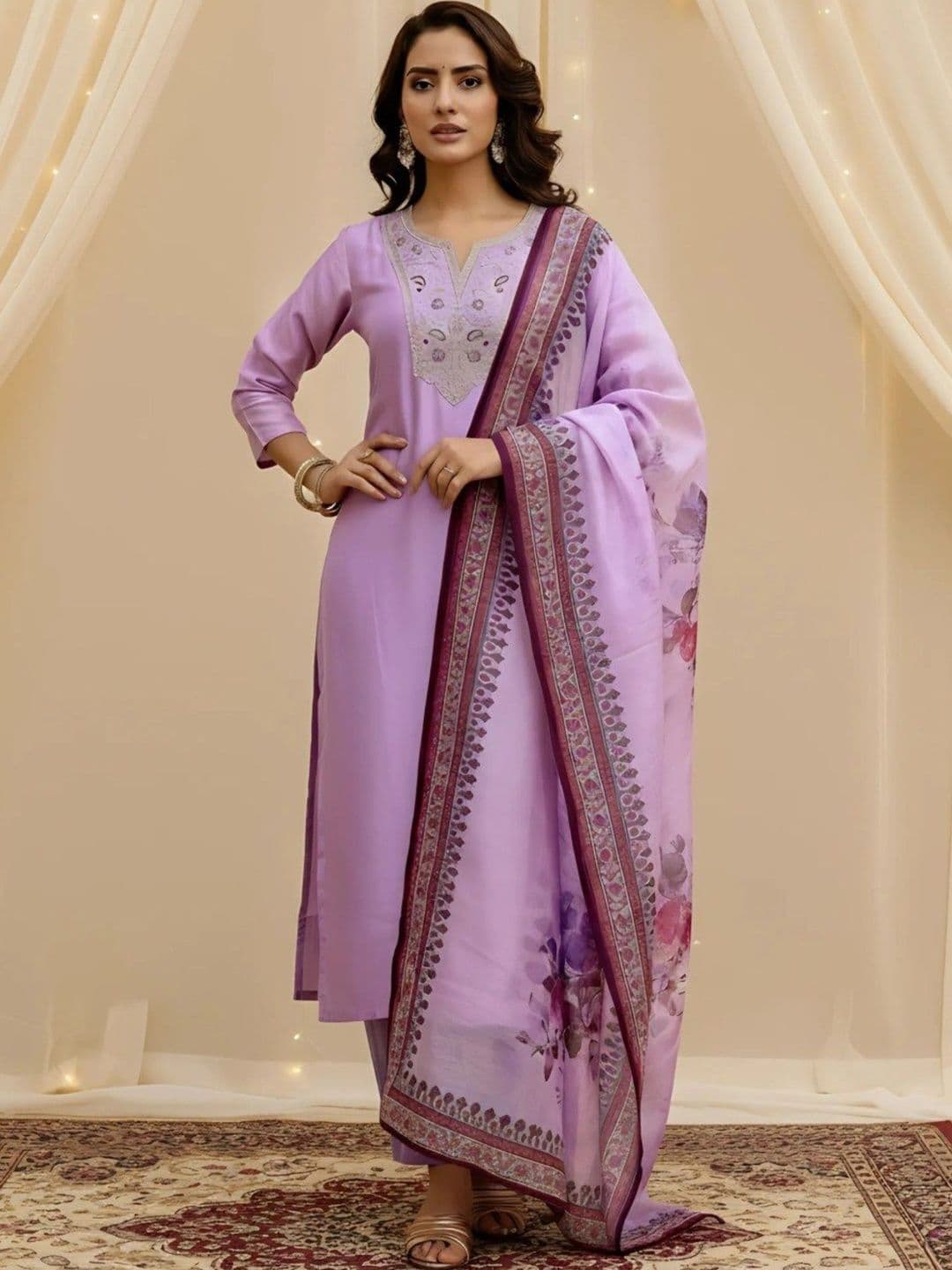 KALINI Women Ethnic Motifs Embroidered Regular Thread Work Kurta with Trousers & With Dupatta - view 1