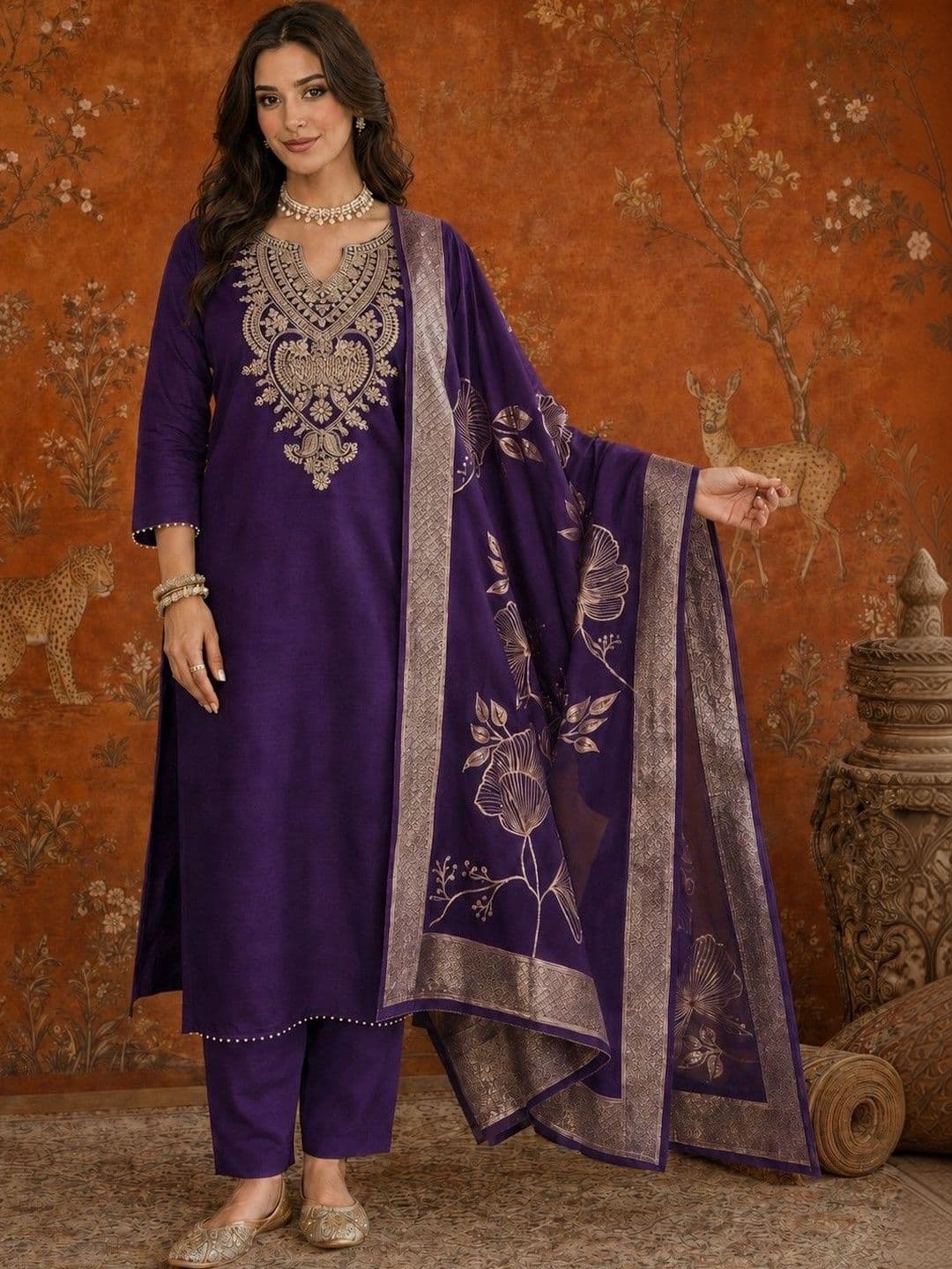 Sangria Women Ethnic Motifs Embroidered Regular Thread Work  Kurta & Trousers With Dupatta - view 1