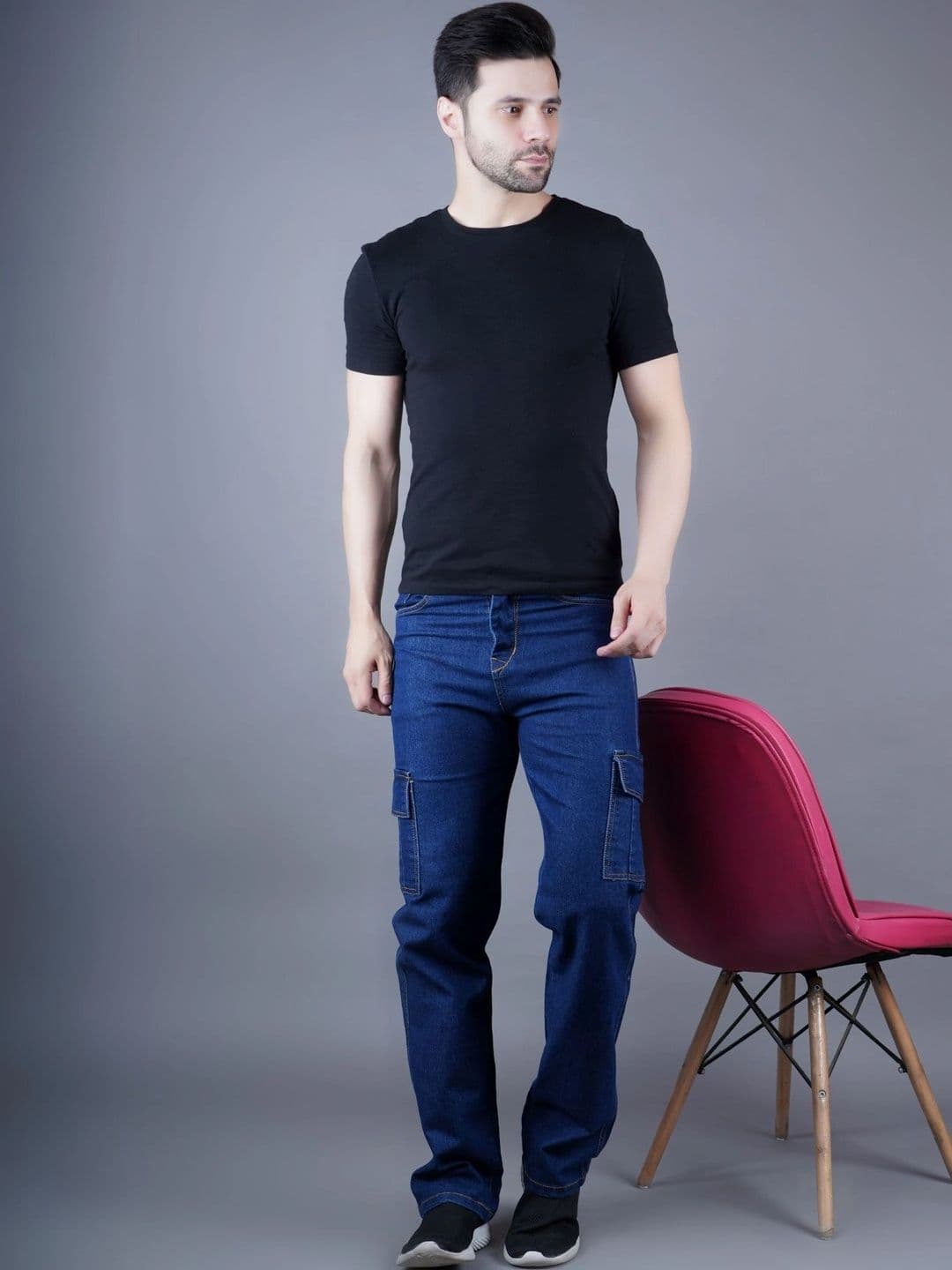 HERE&NOW Men's Mid-Rise Indigo Wash Cargo Straight Fit Jeans with Contrast Stitching thumbnail 4