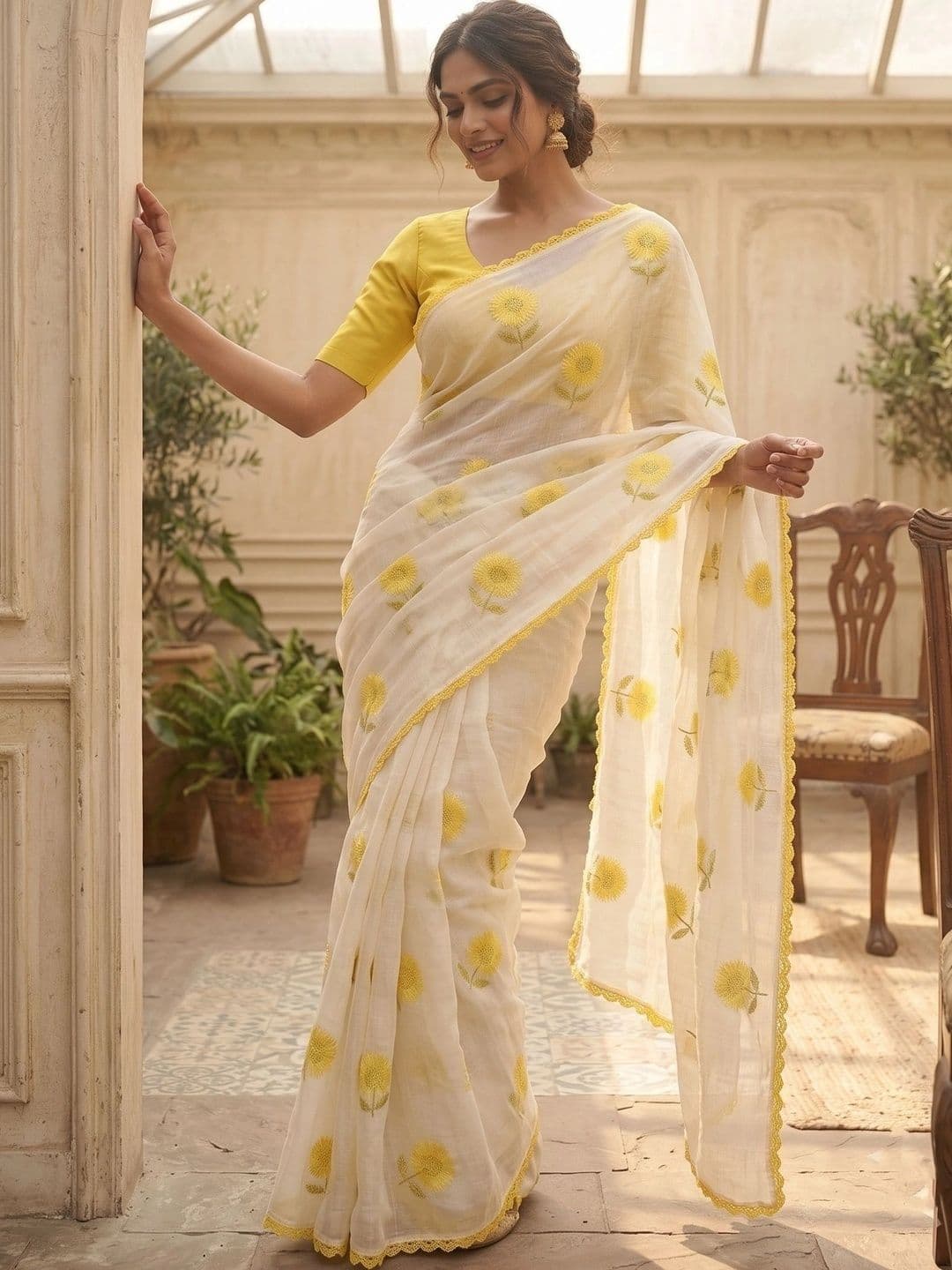 STAVA CREATION Floral Pure Linen Designer Saree thumbnail 5