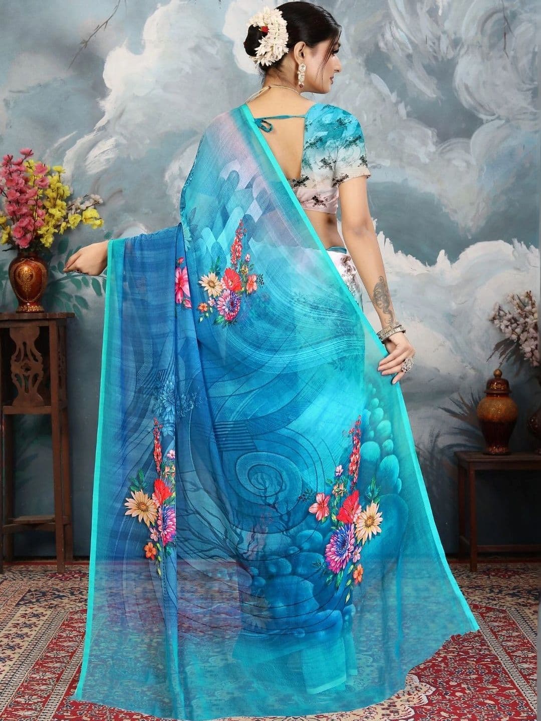 Mitera Floral Pure Georgette Designer Saree thumbnail 6