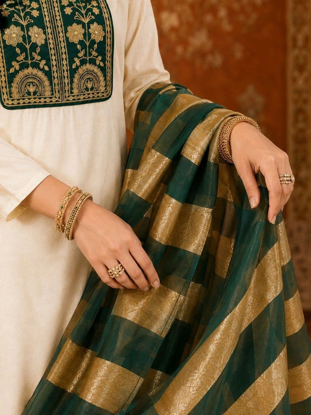 Sangria Women Ethnic Embroidered Regular Thread Work Kurta with Trousers & With Dupatta thumbnail 4