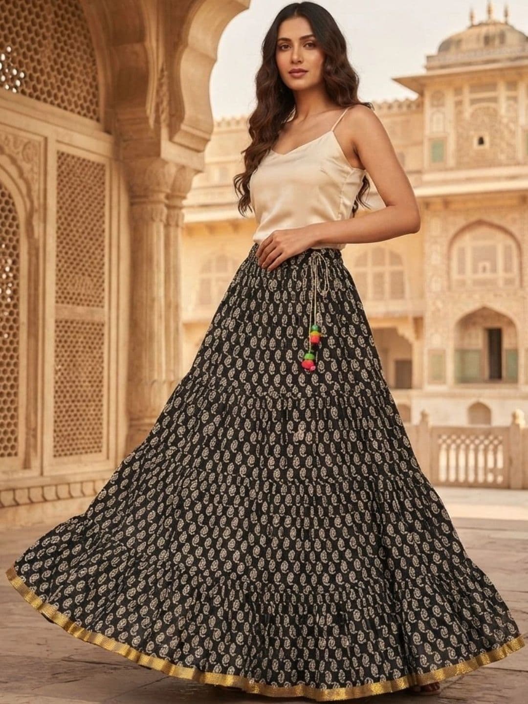 Pallakriti Fabrics Women Pure Cotton Blend Cotton Cambric Paisley Tiered Maxi Flared Skirt - view 1