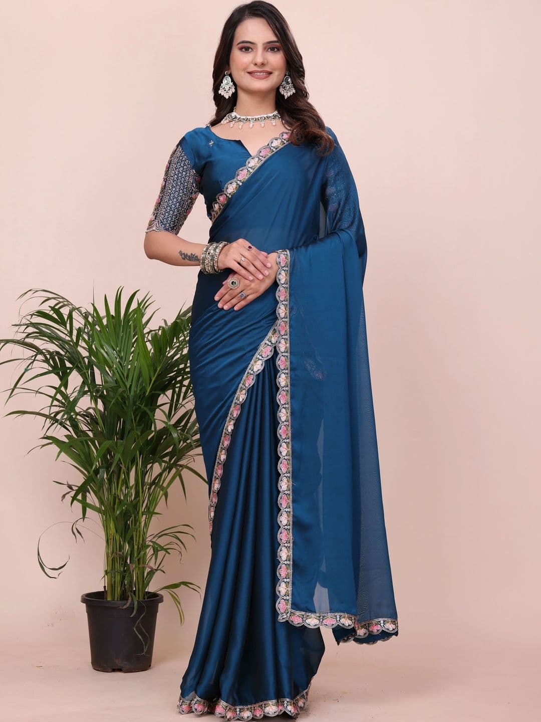 Vastra Drape Floral Embroidered Silk Blend Saree - view 1