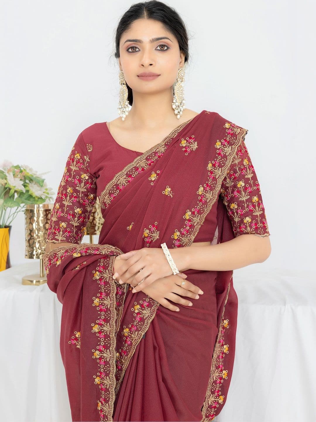 Vastra Drape Floral Embroidered Poly Georgette Saree thumbnail 5
