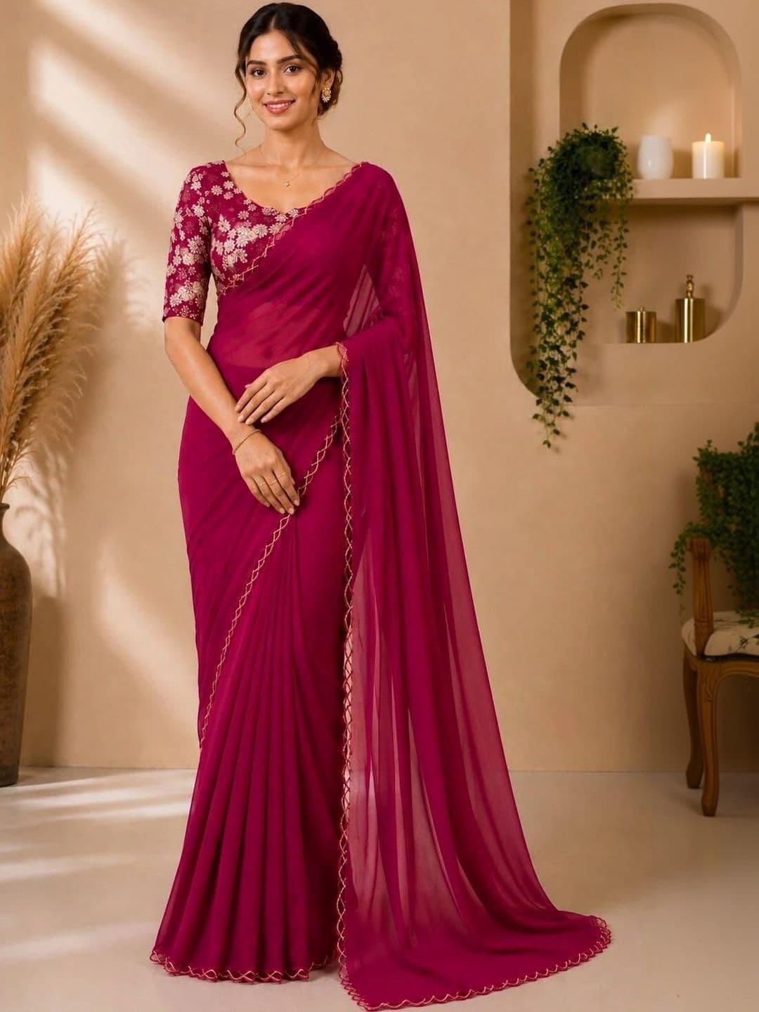 Vastra Drape Floral Embroidered Poly Georgette Saree - view 1