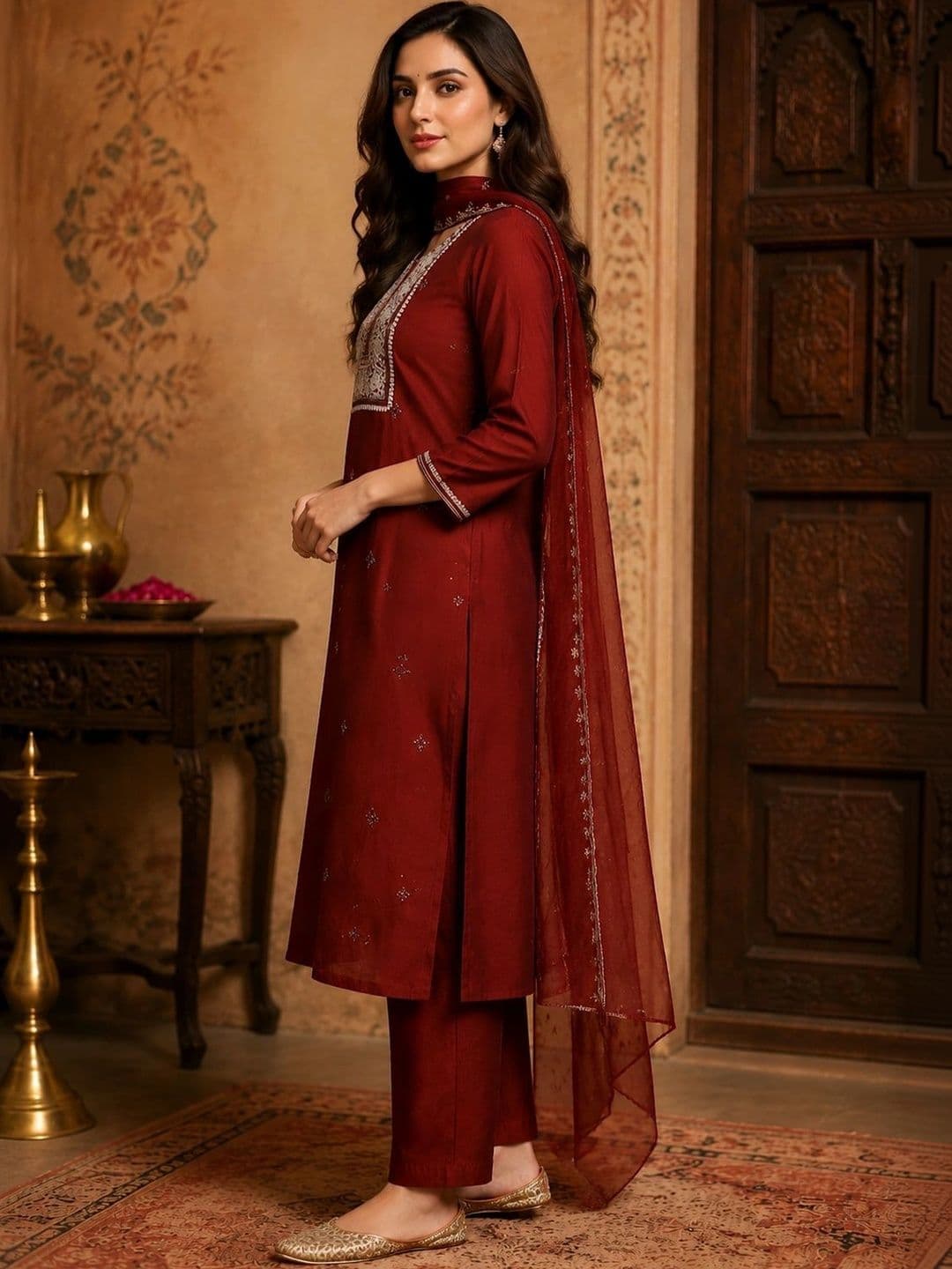Bunai Women Ethnic Motifs Embroidered Regular Thread Work Kurta with Trousers & With Dupatta thumbnail 2