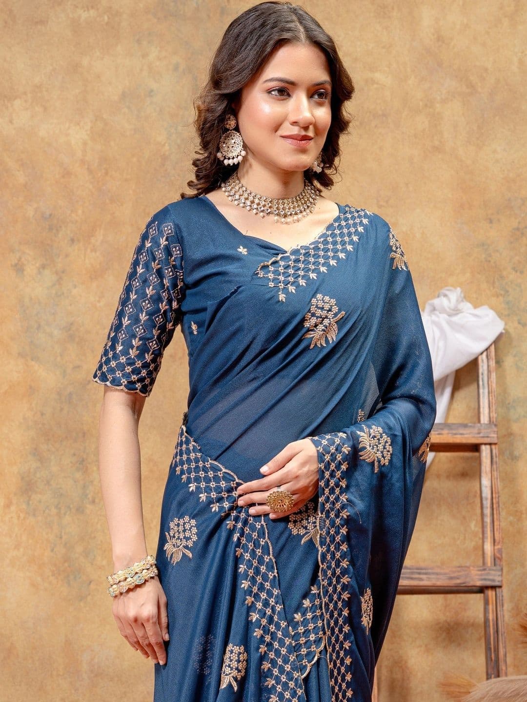 Vastra Drape Floral Embroidered Poly Georgette Saree - view 1