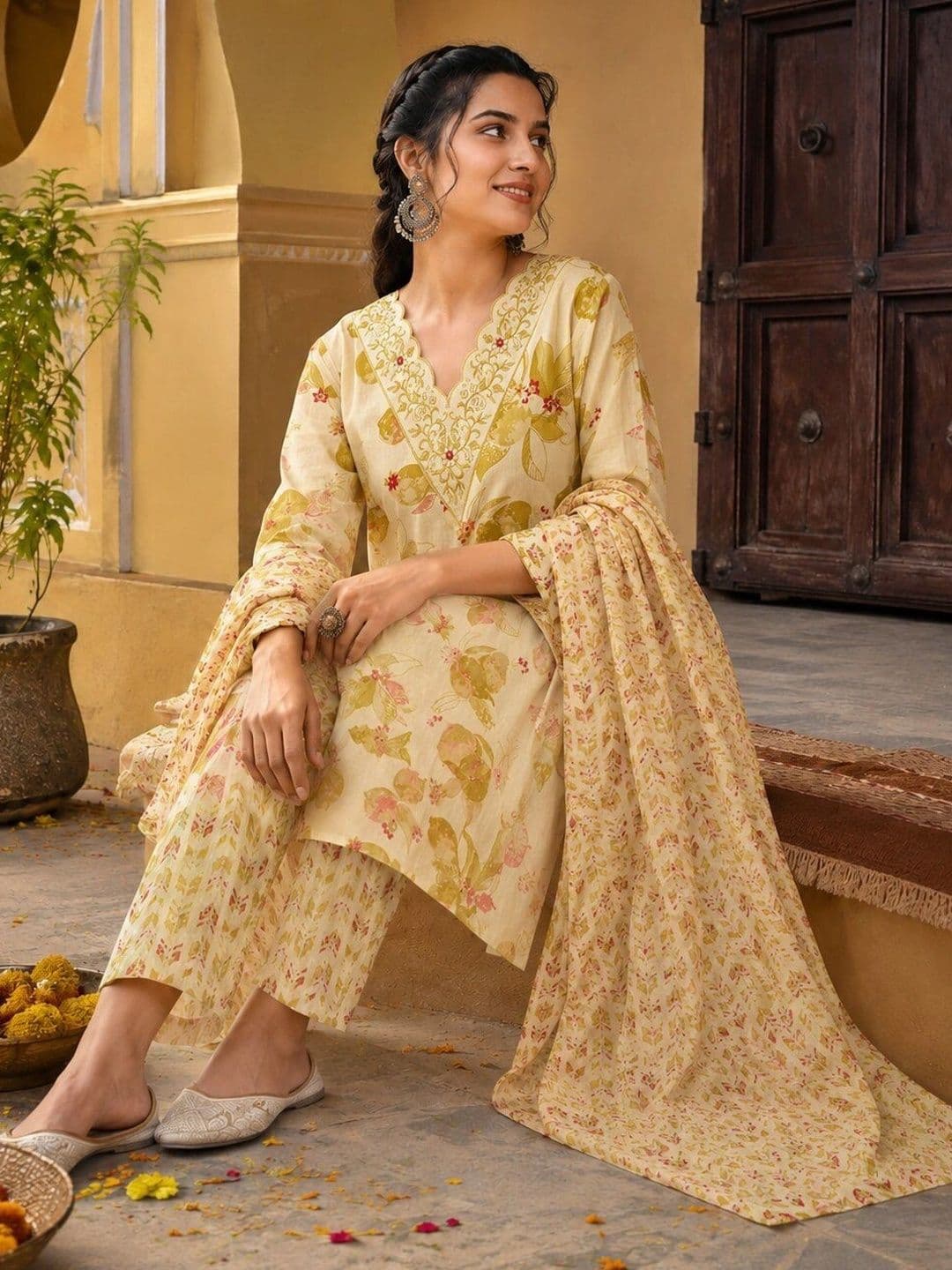 KALINI Women Floral Printed Regular Gotta Patti Pure Cotton Kurta with Trousers & Dupatta thumbnail 3