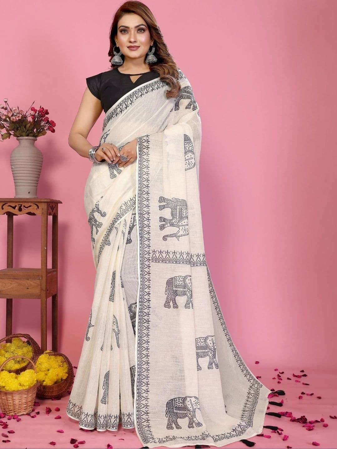 Mitera Warli Linen Blend Designer Saree thumbnail 6