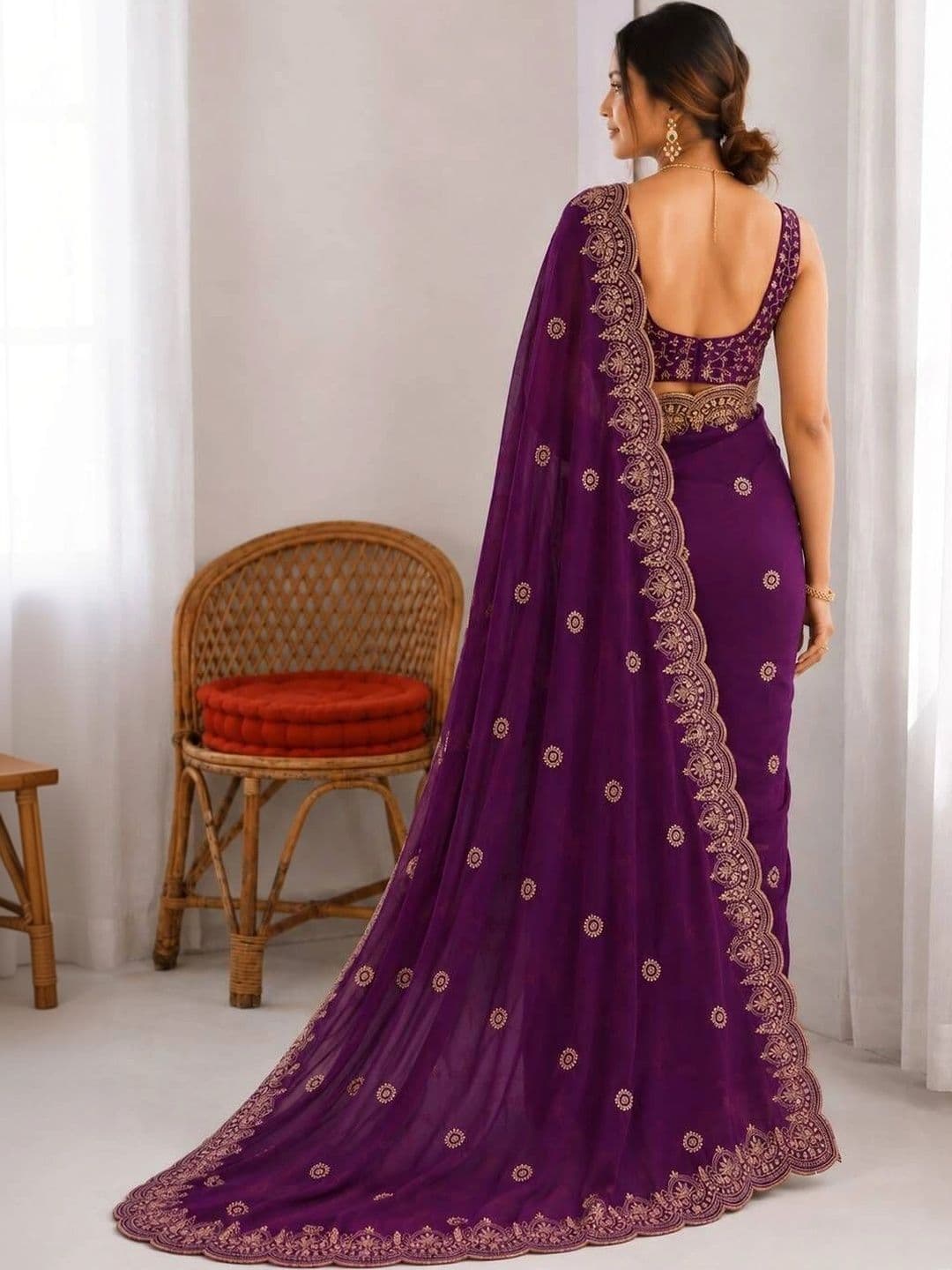 Vastra Drape Embellished Embroidered Poly Georgette Saree thumbnail 4