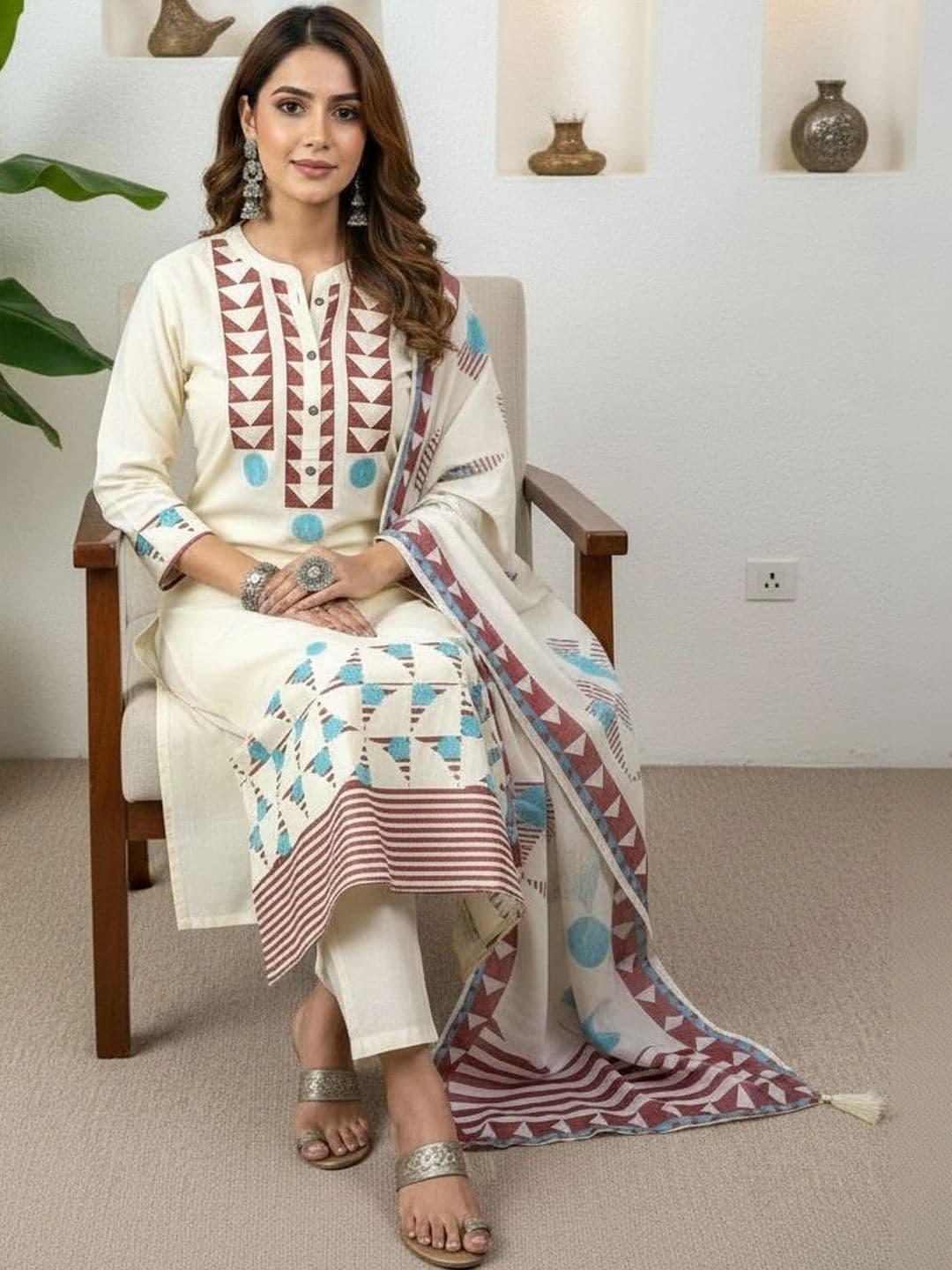 Anouk Women Printed Regular Pure Cotton Kurta with Trousers & With Dupatta thumbnail 3
