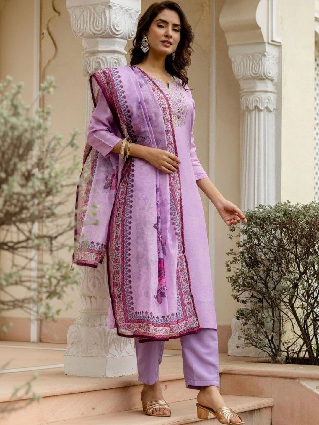 KALINI Women Ethnic Motifs Embroidered Regular Thread Work Kurta with Trousers & With Dupatta thumbnail 2