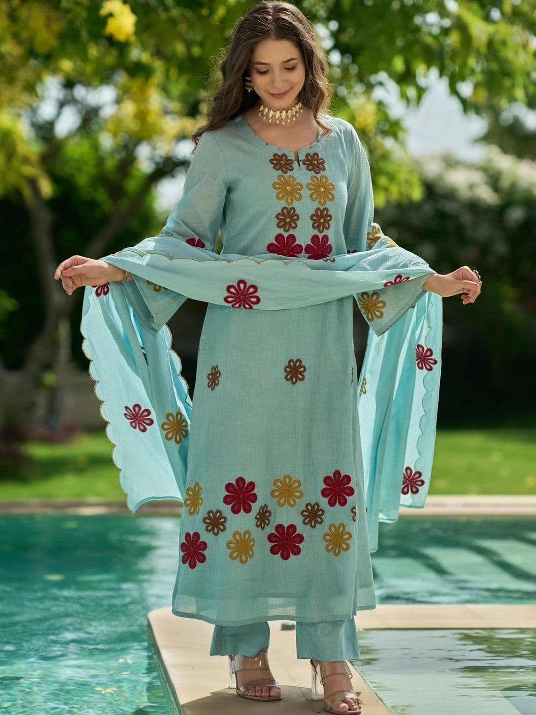 Ijya Women Floral Embroidered Regular Thread Work Chanderi Silk Kurta with Palazzos & With Dupatta thumbnail 5
