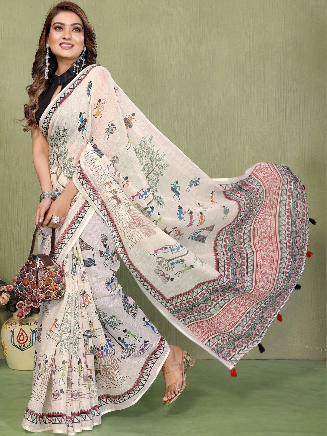 Mitera Warli Linen Blend Designer Saree thumbnail 4