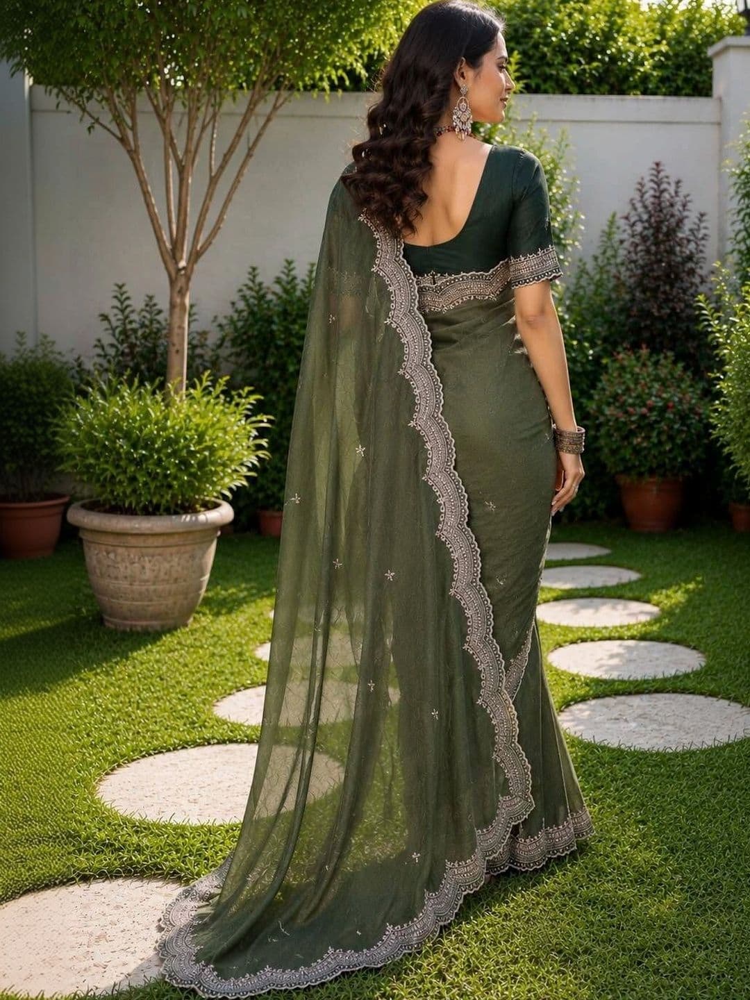 Vastra Drape Ethnic Motifs Embroidered Poly Georgette Saree thumbnail 3