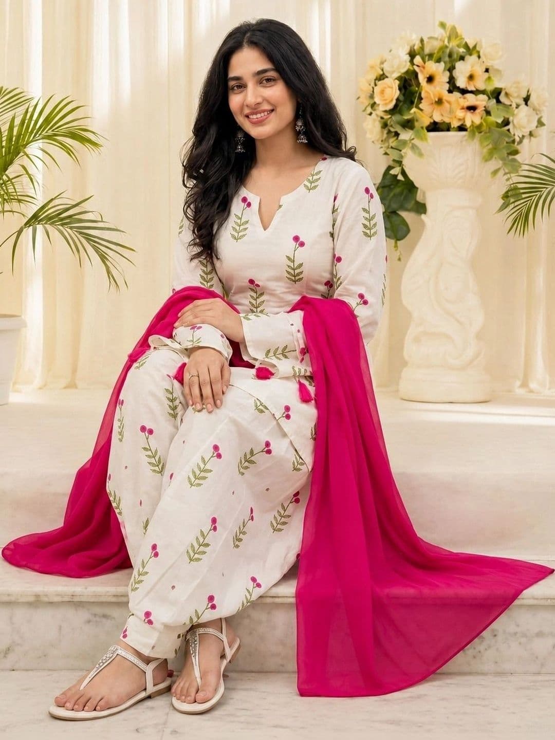 HERE&NOW Women Ethnic Motifs Printed Regular Pure Cotton Kurta with Patiala & With Dupatta thumbnail 5